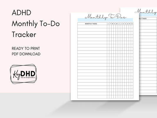 “Monthly To Do” list / tracker, ADHD friendly, INSTANT Digital Download