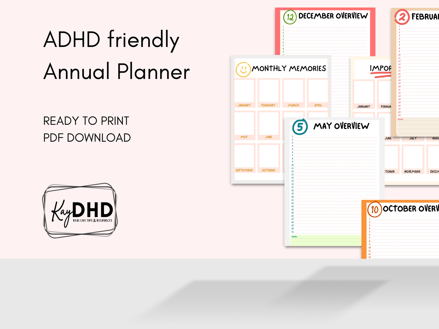 Annual planner, Calendar by Month, ADHD friendly, INSTANT Digital Download